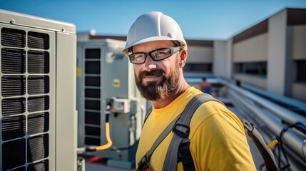 Technician working on air conditioning outdoor unit, Repairing air conditioner.