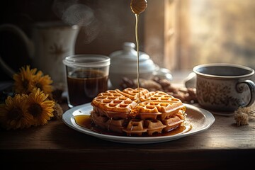 Sunny morning, golden waffles with honey and steaming coffee. ????, generative IA - obrazy, fototapety, plakaty