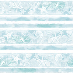 Sea. Abstract seamless pattern on the marine theme with  starfish and seashells on blue watercolor striped background. Vector. Perfect for design templates, wallpaper, wrapping, fabric and textile.