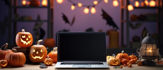 Laptop computer mock up white empty blank screen template Happy Halloween pumpkins decorations background, Thanksgiving digital online shopping website promo fall sale promotion offer ads, mockup.