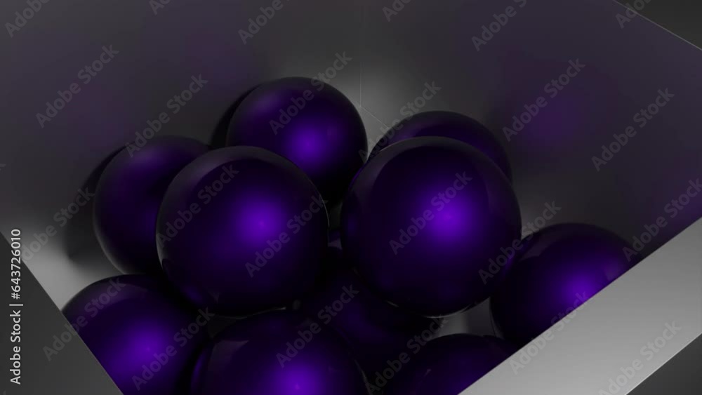 Poster colored 3d balls fall into box. design. 3d balls with rubber structure fall into metal box. 3d anima