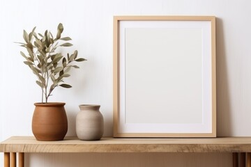 Empty wooden picture frame mockup on wall. Working space, home office. Modern interior. Generative AI