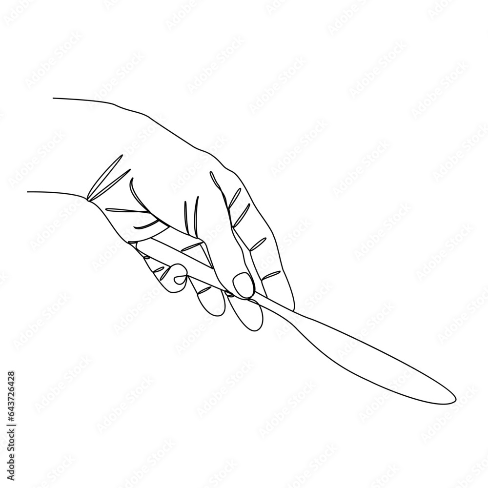 Wall mural Silhouettes of a man's hand holding a knife in modern one line style. Continuous line drawing, aesthetic outline for home decor, posters, wall art, stickers, logo. Vector illustration.