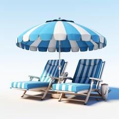 3D model blue sun loungers with umbrellas standing on top, render from blender in the style of isometric minimalism on white background.
