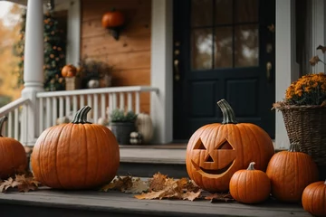 Foto auf Acrylglas Garten Front Door with Halloween Decorations and Pumpkins. AI generated