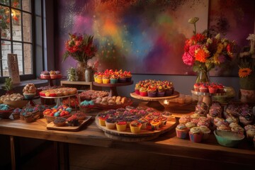Obraz na płótnie Canvas Plenty of colorful cupcakes in charming confectionery., generative IA
