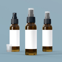 Three Brown Spray Bottles Mockup. Blank Label. 3D Illustration