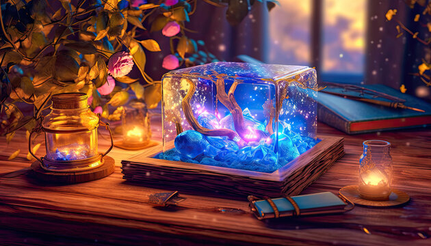 Glowing Magic Book and Glowing Magic Bottle, Magic Book Concept Scene,A Magical Forest in a Jar
