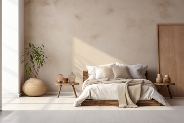 beautiful bedroom with natural light wooden mood and tone color scheme soft and cozy interior home background. Generative AI