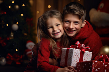 Obraz na płótnie Canvas Christmas and New Year holidays concept. Happy family lifestyles portrait. Family enjoy magical moment of Christmas eve and holidays. Generative AI