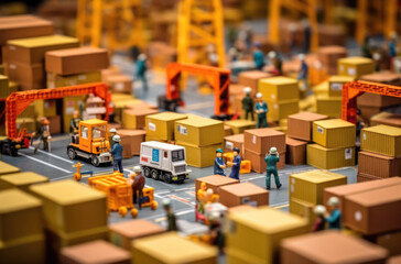 Miniature model business logistics and transportation with toys, concept of cubist landscapes, warehouse, port.