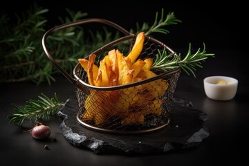 Delicious basket of crispy fries, adorned with rosemary., generative IA
