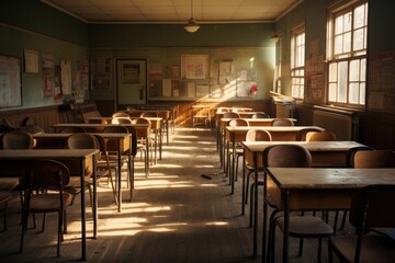 Fototapeta na wymiar Desks and chairs in an empty classroom on sunset. AI generative