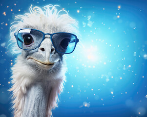 Fototapeta premium Ostrich with scarf and glasses on bright background, concept of anthropomorphic and copy-space.