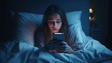 Alone, Unmotivated Young Woman In Bed Staring At Smartphone Screen, Suffer From Sleep Desorder. Life Apathy. Generative Ai