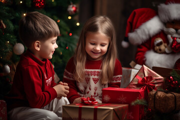 Obraz na płótnie Canvas Christmas and New Year holidays concept. Children enjoy magical moment of Christmas eve and holidays. Generative AI