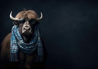 Anthropomorphic, Bison with scarf and glasses on dark background, copy-space concept