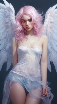 Girl beautiful sexy and sensuality angel with beautiful wings who meets you in heaven, painted in watercolor