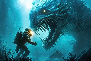 Dinosaur and diver in deep water