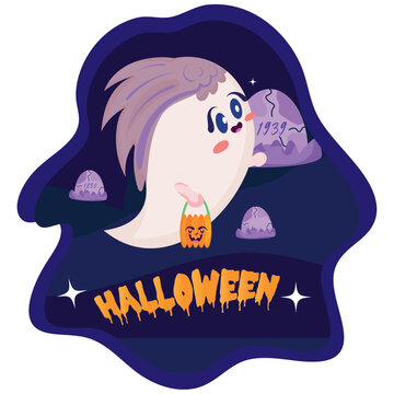 Isolated Cute Ghost On Emo Costume Halloween Poster Vector