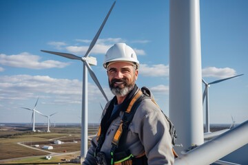 A technician or engineer maintaining a wind turbine, exemplifying the importance of renewable wind energy and sustainable power generation. 'generative AI'	
