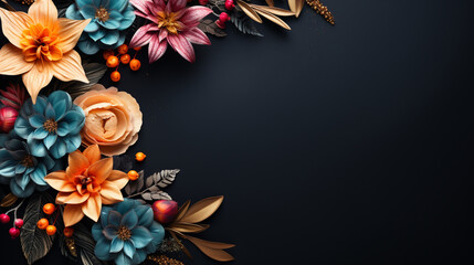 Top view of Blooming colorful wreath flowers and petals isolated on table black background, Floral frame composition, copy space, flat lay
