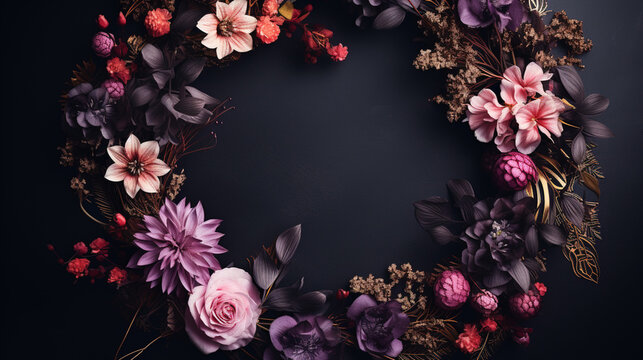 Top view of Blooming colorful wreath flowers and petals isolated on table black background, Floral frame composition, copy space, flat lay