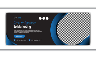 Creative approach to marketing,  Gradient blue color shape and Black background Facebook cover template Social media post. 