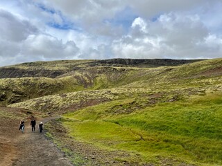 Mossy and wetland terrain of Reykjadalur Valley, Iceland. Valley is known for its mudpots, soda springs and geothermal activity. 