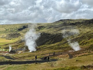 Mossy and wetland terrain of Reykjadalur Valley, Iceland. Valley is known for its mudpots, soda springs and geothermal activity.