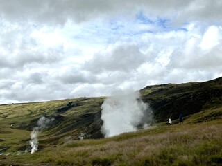 Mossy and wetland terrain of Reykjadalur Valley, Iceland. Valley is known for its mudpots, soda springs and geothermal activity.