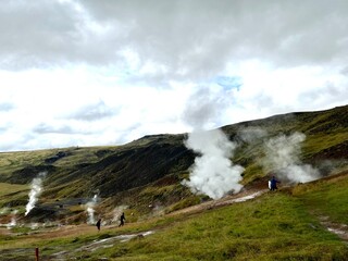Mossy and wetland terrain of Reykjadalur Valley, Iceland. Valley is known for its mudpots, soda springs and geothermal activity.