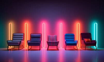 Five chairs in a dark room with rainbow neon lights. Cyberpunk, neon pop style. Generative AI.