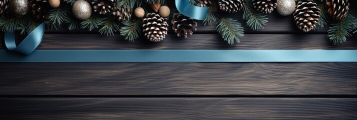 overhead photo of blue holiday ribbons, holly, and pinecones for the winter seasonal holidays. Laid on wooden tabletop with copy space