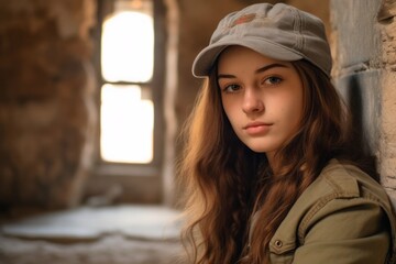 Photography in the style of pensive portraiture of a grinning girl in her 20s wearing a casual baseball cap at the crac des chevaliers in homs governorate syria. With generative AI technology