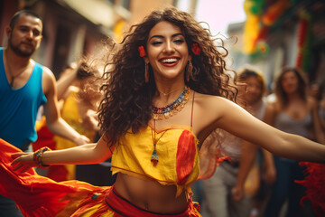 A beautiful lively Latin American woman celebrating Hispanic Heritage Month is dancing happily, the traditional Colombian cumbia dance. AI generative - obrazy, fototapety, plakaty
