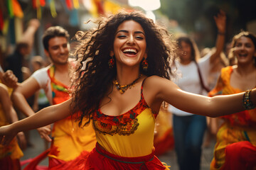 A beautiful lively Latin American woman celebrating Hispanic Heritage Month is dancing happily, the traditional Colombian cumbia dance. AI generative