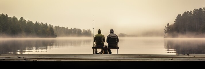 Two friends fishing on a pier in the lake