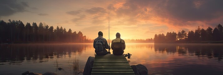 Two friends fishing on a pier in the lake - obrazy, fototapety, plakaty