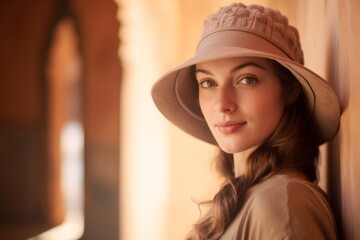 Medium shot portrait photography of a blissful girl in her 20s wearing a charming cloche hat at the amber fort in jaipur india. With generative AI technology