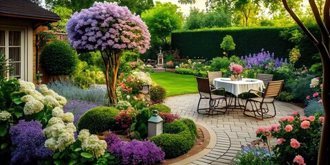 Backyard patio outdoors with flowers, grass, hedges, and a sitting area among the landscaping - obrazy, fototapety, plakaty