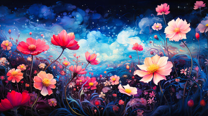Float amidst abstract galaxies of starry winter flowers