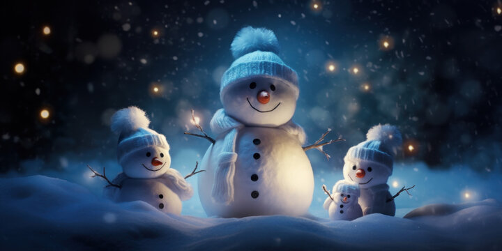 Snowman family at night on snow background, Merry Christmas and Happy New Year