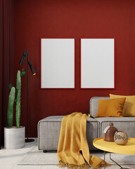 Blank picture frame in red wall living room with sofa table and cactuses.3d rendering