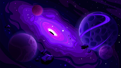 Hand-drawn space illustration of a black hole that attracts planets and stars with various space objects in a cartoon style.