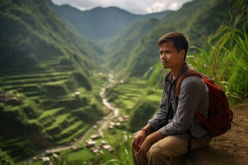 Naklejka na ściany i meble Photography in the style of pensive portraiture of a jovial boy in his 30s wearing a sporty polo shirt at the banaue rice terraces in ifugao philippines. With generative AI technology