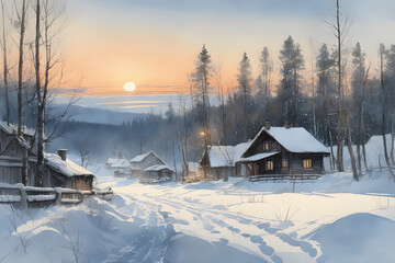 Winter rural landscape. Frosty winter evening. Beautiful illustration in a watercolor style.