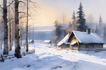 Winter rural landscape. Frosty winter evening. Beautiful illustration in a watercolor style.