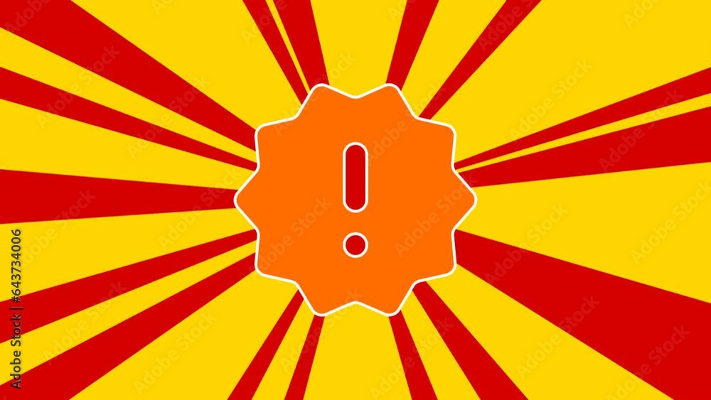 Poster warning symbol on the background of animation from moving rays of the sun. large orange symbol incre