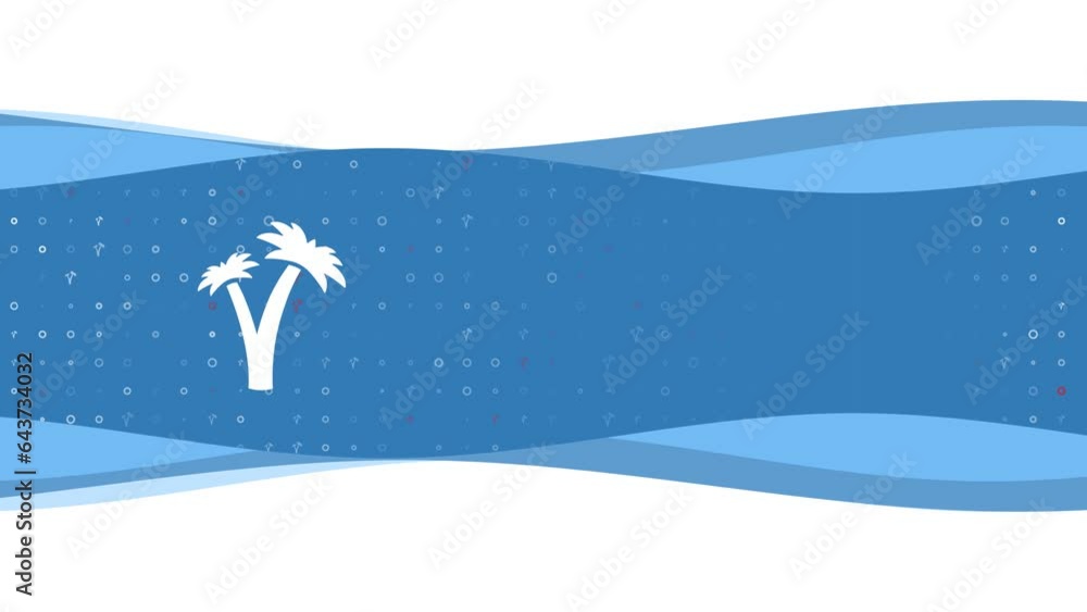 Poster animation of blue banner waves movement with white palm trees symbol on the left. on the background 